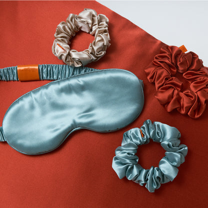 silk pillowcase_red wine_midi hair ties_silkberry_sleeping mask_sky blue_bundle_top