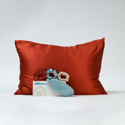 silk pillowcase_red wine_midi hair ties_silkberry_sleeping mask_sky blue_bundle_front 
