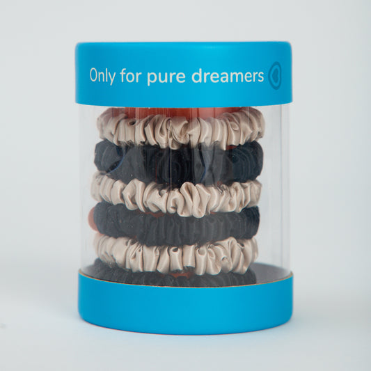 silk skinny hair tie set_champagne and caviar_black_beige _set of 6_front 